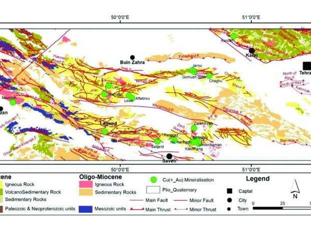 Structural Geological Setting and Mineralization of Hydrothermal–Magmatic Copper ± (Gold) Deposits in the Saveh–Razeh Area