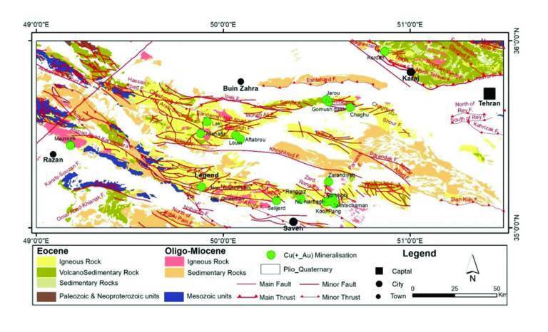 Structural Geological Setting and Mineralization of Hydrothermal–Magmatic Copper ± (Gold) Deposits in the Saveh–Razeh Area